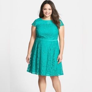 NWT! Adrianna Papell Dress Green Lace Pleated Wedding 18W Fit & Flare Elegant